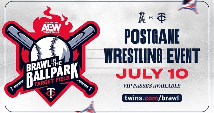 Promotional poster for AEW wrestling event 'Brawl in the Ballpark' at Target Field with crossed baseball bats and a baseball logo.
