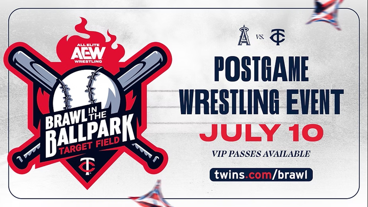 Promotional poster for AEW wrestling event 'Brawl in the Ballpark' at Target Field with crossed baseball bats and a baseball logo.