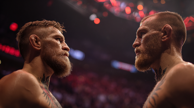 Two muscular male fighters with beards face off in a boxing ring, eyes locked, in a crowded arena before a match.