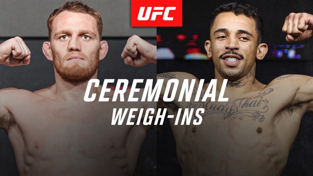 Two shirtless UFC fighters flexing their arms in a split-screen pose with a red UFC logo above and 'Ceremonial Weigh-Ins' text across the center.