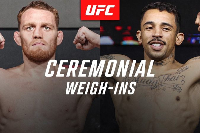 Two shirtless UFC fighters flexing their arms in a split-screen pose with a red UFC logo above and 'Ceremonial Weigh-Ins' text across the center.