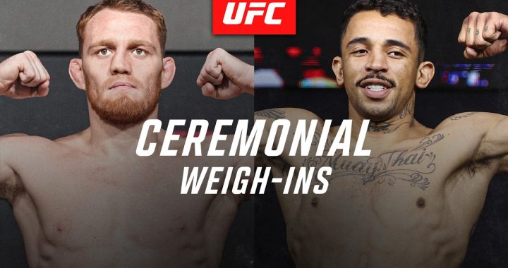 Two shirtless UFC fighters flexing their arms in a split-screen pose with a red UFC logo above and 'Ceremonial Weigh-Ins' text across the center.