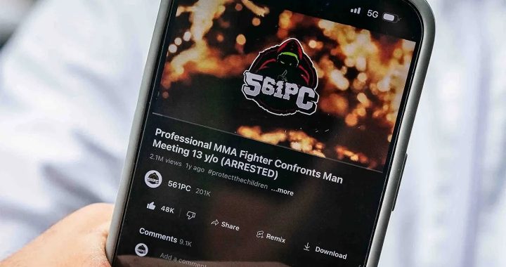Phone screen showing a YouTube video titled 'Professional MMA Fighter Confronts Man Meeting 13 y/o (ARRESTED)' with 2.1M views and the channel 561PC, on a dark thumbnail backdrop.