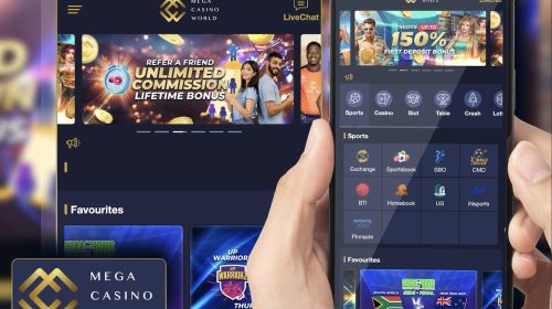 Mega Casino World mobile app UI shown on a smartphone and tablet, featuring promo banners, dark blue theme, and navigation icons.