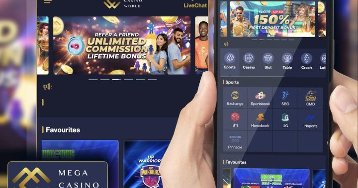 Mega Casino World mobile app UI shown on a smartphone and tablet, featuring promo banners, dark blue theme, and navigation icons.