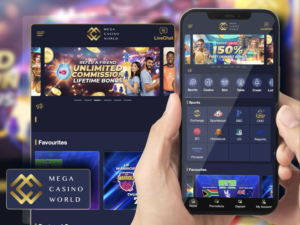 Mega Casino World mobile app UI shown on a smartphone and tablet, featuring promo banners, dark blue theme, and navigation icons.