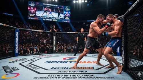 Two shirtless mixed martial artists grapple in the center of an octagonal cage as a referee watches, with a crowded arena and bright lights in the background and SPORTMAX branding on the mat.