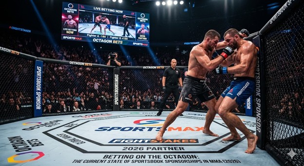 Two shirtless mixed martial artists grapple in the center of an octagonal cage as a referee watches, with a crowded arena and bright lights in the background and SPORTMAX branding on the mat.