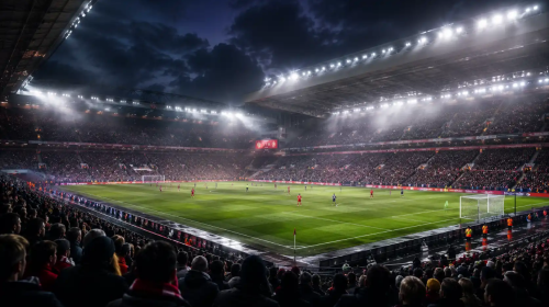Nighttime soccer match in a full stadium; players on the well-lit field as fans fill the stands.
