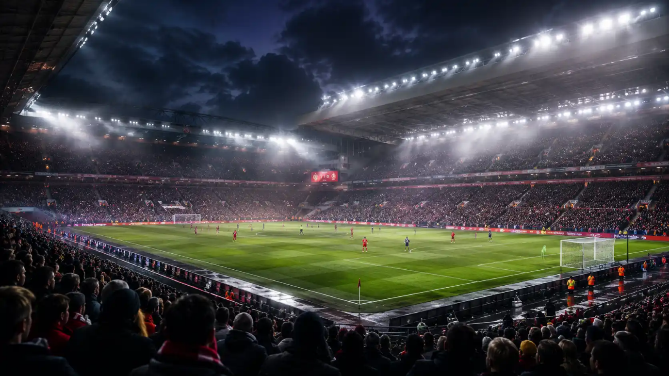 Nighttime soccer match in a full stadium; players on the well-lit field as fans fill the stands.