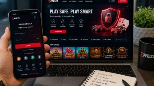 Phone shows a login screen; laptop displays an online casino homepage with 'Play Safe. Play Smart' and a shield icon, while a notebook with a checklist sits nearby.