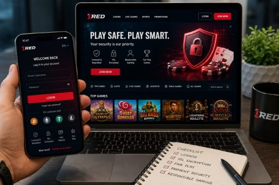 Phone shows a login screen; laptop displays an online casino homepage with 'Play Safe. Play Smart' and a shield icon, while a notebook with a checklist sits nearby.