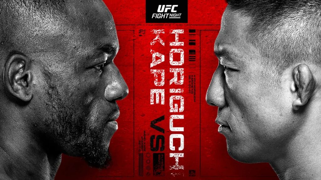 Two male fighters in profile facing each other against a red UFC Fight Night poster background.