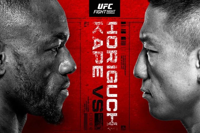 Two male fighters in profile facing each other against a red UFC Fight Night poster background.