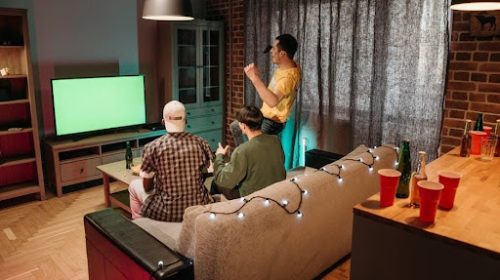 Friends watching an MMA fight night at home in Canada, combat-sport fans