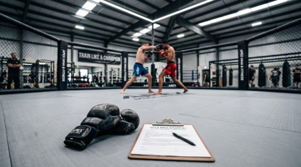 Two fighters spar inside an MMA cage at a gym; foreground shows worn boxing gloves and a clipboard on the mat.