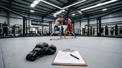 Two fighters spar inside an MMA cage at a gym; foreground shows worn boxing gloves and a clipboard on the mat.