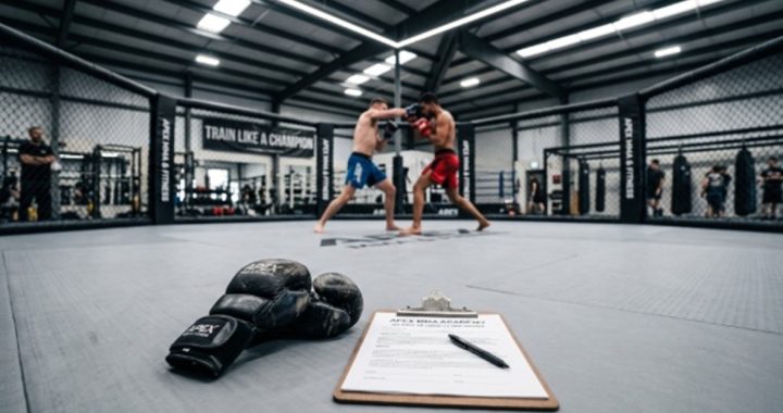 Two fighters spar inside an MMA cage at a gym; foreground shows worn boxing gloves and a clipboard on the mat.