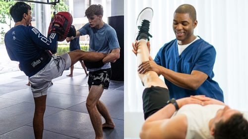 Split image: left side shows two men in a gym practicing Muay Thai, one kicking a pad held by the partner; right side shows a healthcare worker helping a patient stretch a leg.