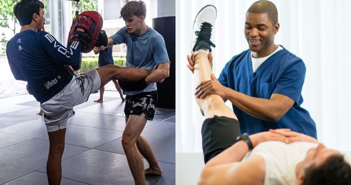Split image: left side shows two men in a gym practicing Muay Thai, one kicking a pad held by the partner; right side shows a healthcare worker helping a patient stretch a leg.