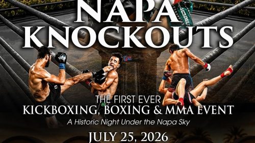 Poster for NAPA KNOCKOUTS: kickboxing, boxing & MMA event • July 25, 2026, 3 PM, at Napa under the sky