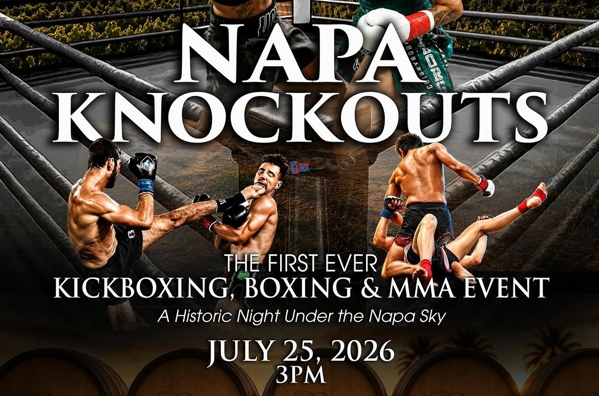 Poster for NAPA KNOCKOUTS: kickboxing, boxing & MMA event • July 25, 2026, 3 PM, at Napa under the sky
