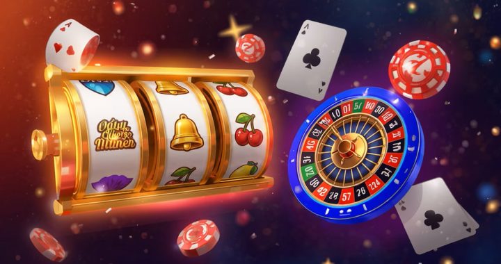 Slot machine spinning with fruit symbols beside a roulette wheel and scattered poker chips in a colorful casino scene.