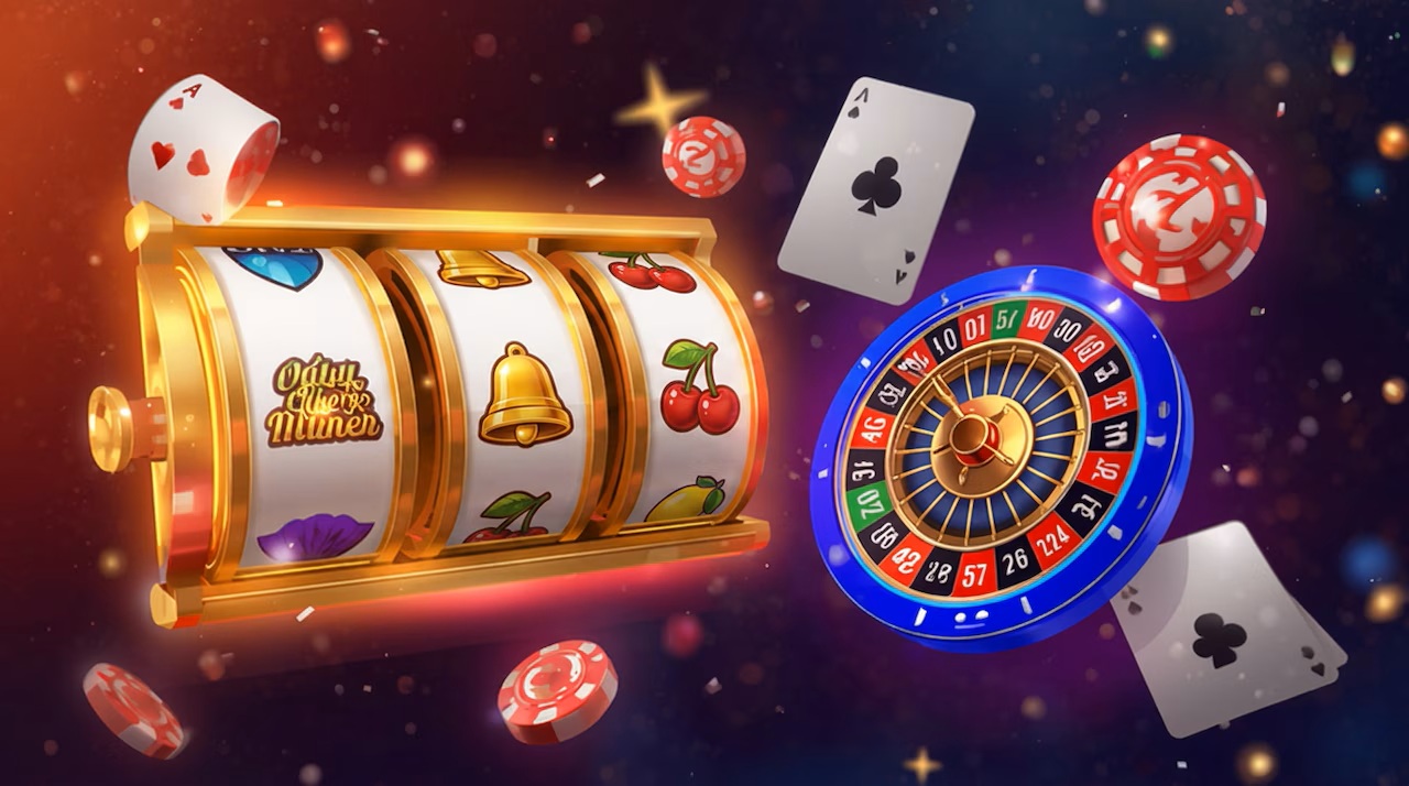 Slot machine spinning with fruit symbols beside a roulette wheel and scattered poker chips in a colorful casino scene.