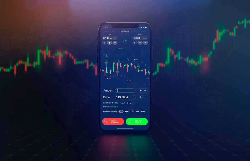 Smartphone showing a cryptocurrency trading app with buy and sell buttons, price and amount fields, over a neon market chart backdrop.
