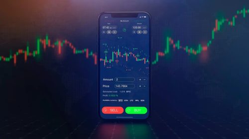 Smartphone showing a cryptocurrency trading app with buy and sell buttons, price and amount fields, over a neon market chart backdrop.