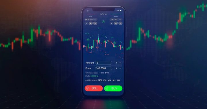 Smartphone showing a cryptocurrency trading app with buy and sell buttons, price and amount fields, over a neon market chart backdrop.