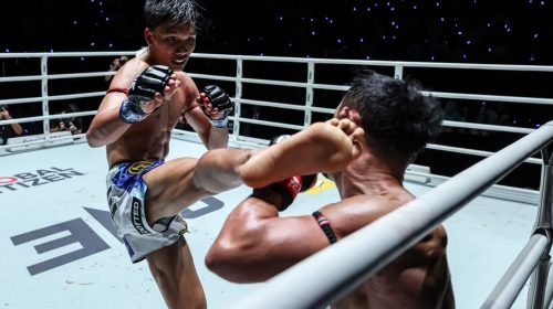 Two male mixed martial arts fighters in a ring; the left fighter delivers a kick as the opponent guards with raised arms.