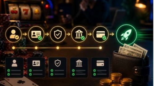 Neon flow diagram of a fintech verification process ending with a rocket, beside a wallet with cash and coins on a dark table.
