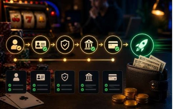 Neon flow diagram of a fintech verification process ending with a rocket, beside a wallet with cash and coins on a dark table.