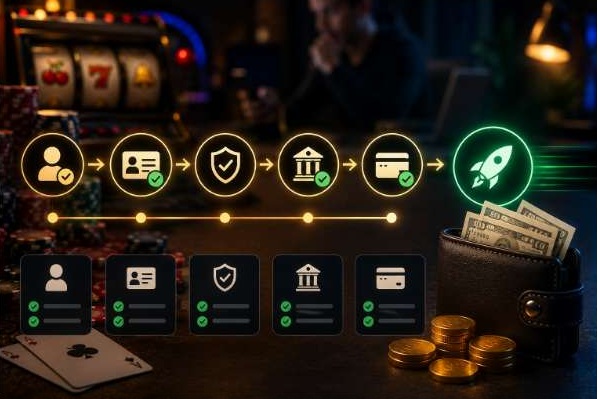 Neon flow diagram of a fintech verification process ending with a rocket, beside a wallet with cash and coins on a dark table.