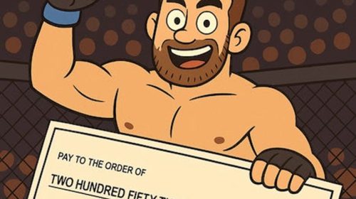 Cartoon muscular fighter in a cage raises a fist while holding a large ceremonial check at a prize event.