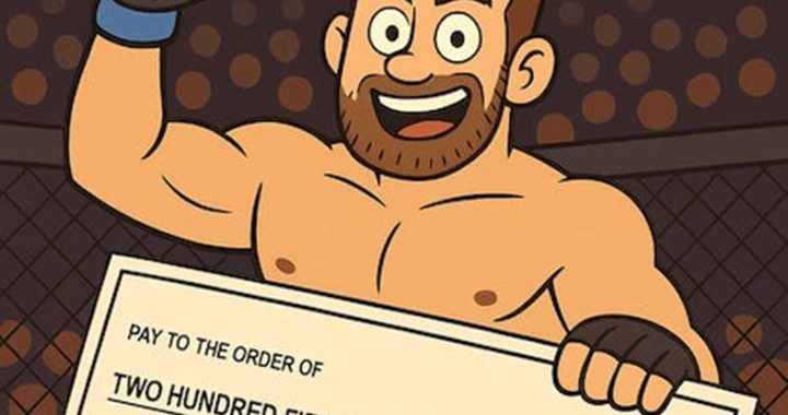 Cartoon muscular fighter in a cage raises a fist while holding a large ceremonial check at a prize event.