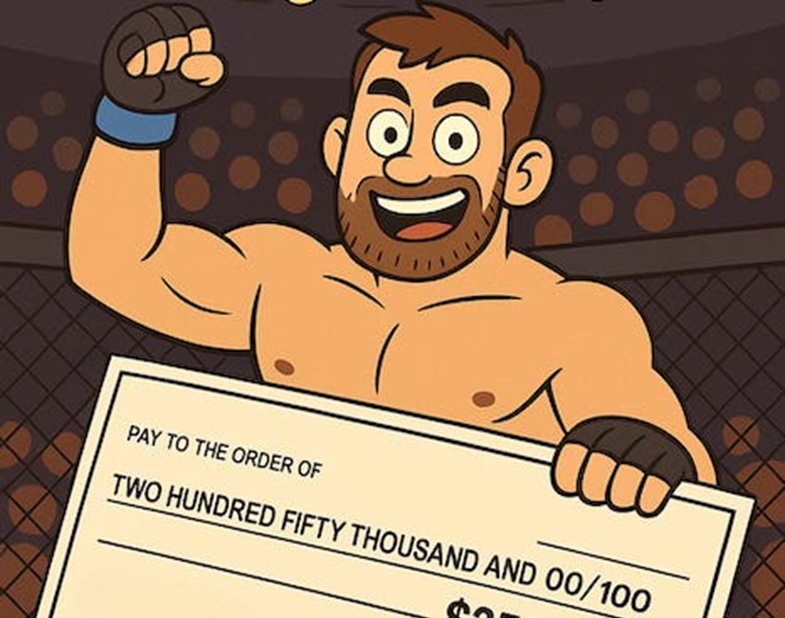 Cartoon muscular fighter in a cage raises a fist while holding a large ceremonial check at a prize event.
