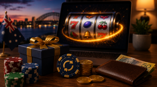 Laptop displays a glowing slot reel, surrounded by casino chips, coins, a gift box, and a cash wallet on a table at night.