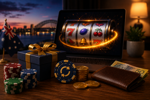 Laptop displays a glowing slot reel, surrounded by casino chips, coins, a gift box, and a cash wallet on a table at night.